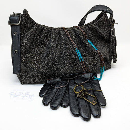 Black & Gold Shoulder Bag with Adjustable Buckle Strap, Tassel and Fandom Lining